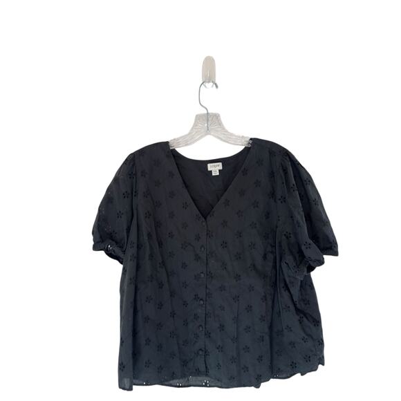 J.Crew Eyelet Button Front Shirt Black V-Neck Basic Short Sleeve Dressy Size XXL - Picture 1 of 12